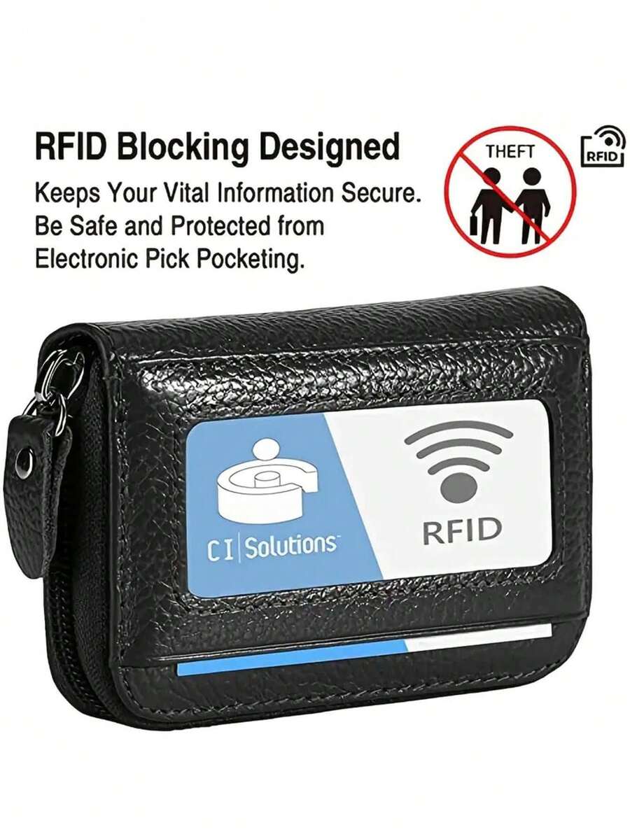HOVI'S 男士 RFID 防盜刷卡包錢包 - 12 個多卡槽、順滑拉鍊與透明 ID 視窗、大容量人造皮革緊湊設計 - 黑色 - 查看 1