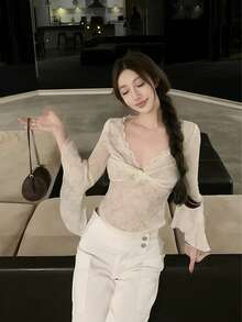 Sexy Lace Trim Twist V-Neck 3/4 Sleeve Base Layer Top For Women - Apricot - View 6