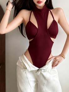 YeonC Women's Sleeveless Round Neck Asymmetric Cutout Jumpsuit, High Elastic Polyester Black Backless Bodycon Style, Suitable For Party - Burgundy - View 2