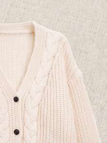 Autumn Vintage Cable Textured V Neck Cardigan, Long Sleeve, Weekend Gathering Halloween Thanksgiving Street Casual Look - Apricot - View 7