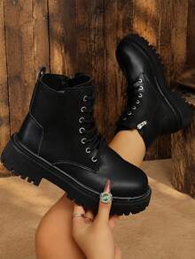 Women Fashion Boots, Lace Up Mid Calf Platform Shoes - Beige - View 1