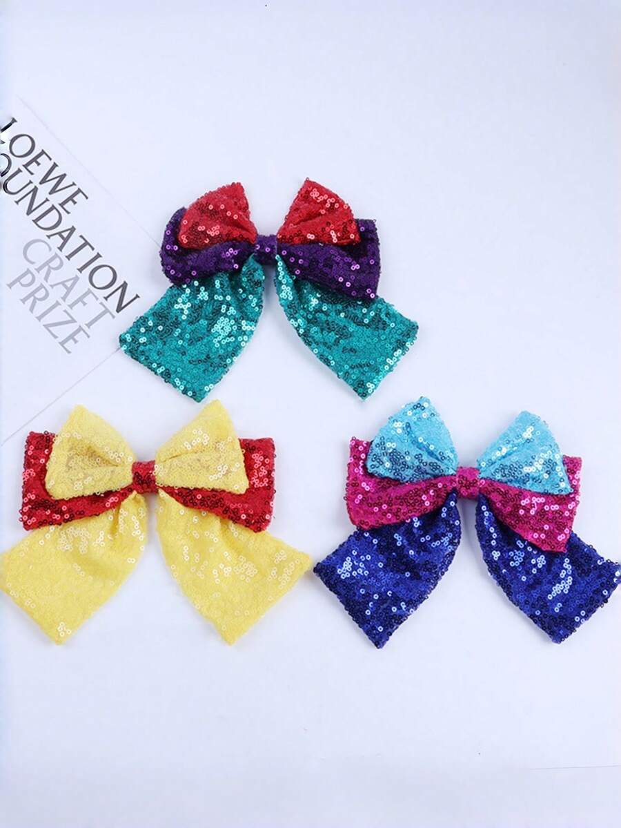 1pc Large Shiny Colorful Sequin Bow Hair Clip, Cute Princess Sweet Hair Accessory For Kids, Suitable For Party Wear - 彩色 - 查看 1