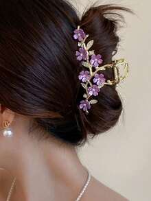 1 buah Jepit Rambut Cakar Besar Premium Motif Bunga, Jepit Rambut Tebal Ekstra Besar, Aksesori Rambut Sanggul Wanita - Bunga ungu - View 1