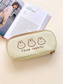 1pc Girls' Niche Design Stationery Bag, Ins Style Bear & Rabbit Pencil Case, Soft Cute Cartoon Bear & Rabbit Pattern With Fun Eng, First Day Of School - Multicolor - View 8
