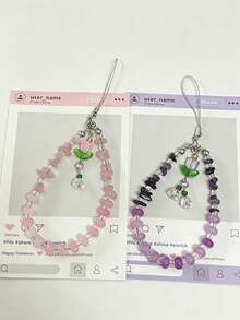 Crystal Crushed Stone Beaded Wind Chime Flower Pendant Phone Lanyard, Purple Pink Crystal Anti-Lost Phone Chain Charm, CCD Camera Wrist Strap, Fashion Versatile Universal Phone Lanyard, Suitable For Earphone Case Lanyard, Car Keychain Charm, Water Bottle Lanyard, Bag Charm - Multicolor - View 3