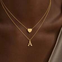2Pcs/Set New Classic Initial Heart Pendant Golden Stainless Steel Chain Layered Necklaces For Women - Yellow Gold - View 1