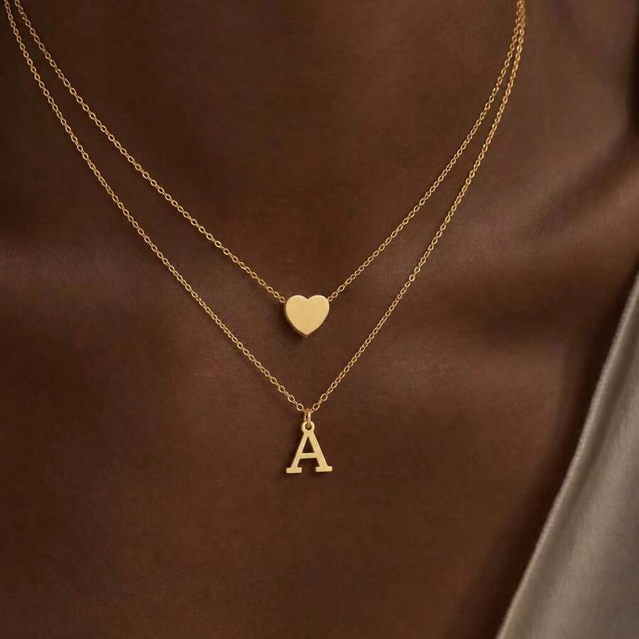 2Pcs/Set New Classic Initial Heart Pendant Golden Stainless Steel Chain Layered Necklaces For Women - Yellow Gold - View 1