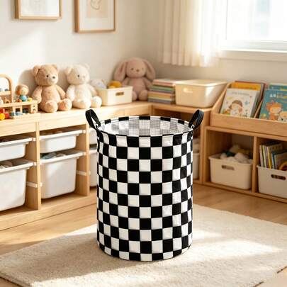 1PC Classic Black And White Checkered Double-Handle Laundry Basket, Vintage Racing Check Pattern Foldable Storage Bin, Minimalist Style Bedroom Storage Bucket, Suitable For Clothes And Miscellaneous Storage