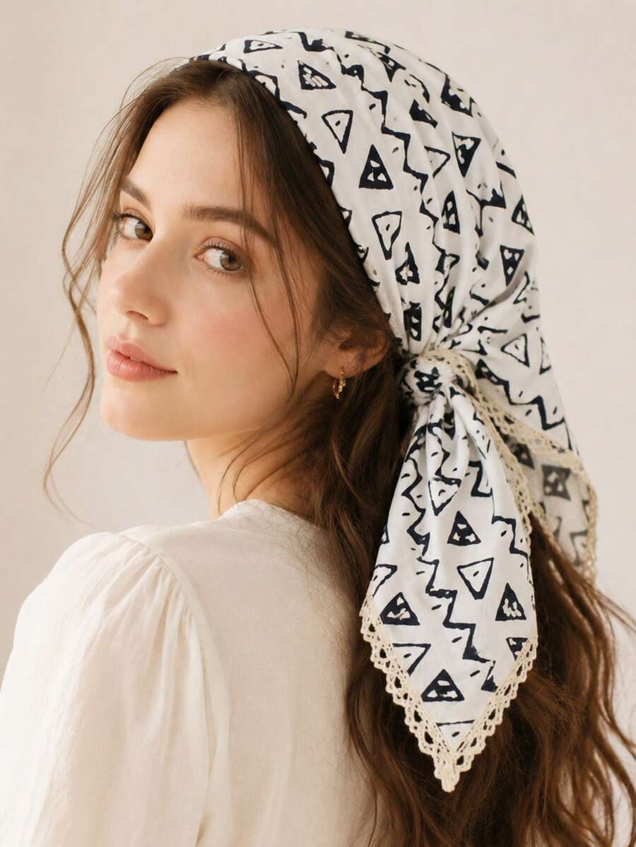 1pc Women White Geometric Triangle Print Triangle Bandana Lace Trim Lightweight Head Neck Scarf Hair Accessory - Multicolor - View 1
