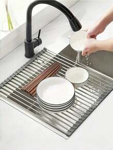 Ever Blooming 1pc Stainless Steel Expandable Sink Dish Drying Rack, Black & Grey, With Adjustable Support Arms, Functional Kitchen Sink Organizer For Vegetables, Fruits, Cookware Set, Suitable For Kitchen And Bathroom, New Year & Christmas Style - Multicolor - View 14