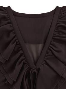 Women's Elegant Vintage Ruffle Trim V-Neck Front Tie Sheer Chiffon Bell Sleeve Blouse - Brown - View 7
