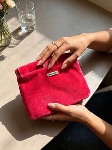 Miu Miu Vintage Rose Red Velvet Snap Button Makeup Bag, Portable Large Capacity Travel Organizer, Highly Attractive Personal Makeup & Skincare Storage Bag, Birthday & Anniversary Gift - Hot Pink - View 6