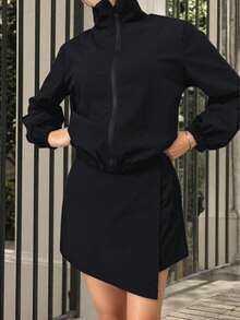 Women's 2-Piece Casual Sports Set, Short Zip-Up Jacket And Skort, Suitable For Running, Fitness, Daily Wear And Outdoor Activities Black - Black - View 2
