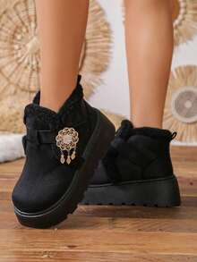 1 Pair New Chinese Style Rhinestone Pendant Thick Sole Snow Boots For Women, Autumn/Winter Thermal Lined Height-Increasing Non-Slip Boots - Black - View 5