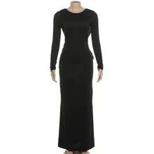 SYchuan Solid Color Sexy Backless Ruched Long Sleeve Dress Black Spring Elegant - Black - View 8