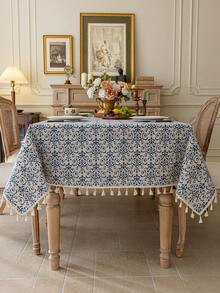 MineLain 1pc Bohemian Vintage Blue And White Porcelain Floral Tassel Tablecloth, Rectangular Tablecloth, Round Table, Coffee Table, Bedside Cabinet, Small Square Table Cover, Washable, Suitable For Home Living Room, Kitchen, Dinner Party, Holiday Party, Garden, Tea Party, Outdoor Picnic Decoration, All Seasons, Autumn Decor - Multicolor - View 26
