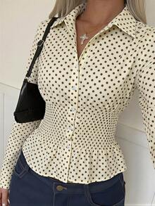 SwallowLucky Vintage Polka Dot Waist-Cinching Ruffle Blouse, Button-Front, Flared Hem, Slim Fit Vacation Top - Yellow - View 6