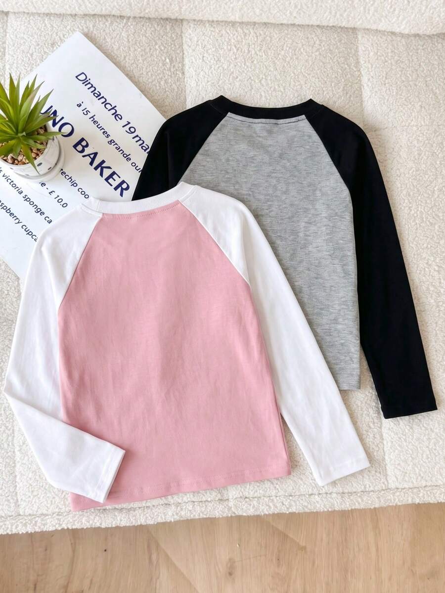 2pcs/Set 8-12 Years Old Girls Casual Colorblock Basic Soft Long Sleeve Pullover T-Shirt, Weekend Play Y2K Street Style Top - Multicolor - View 1