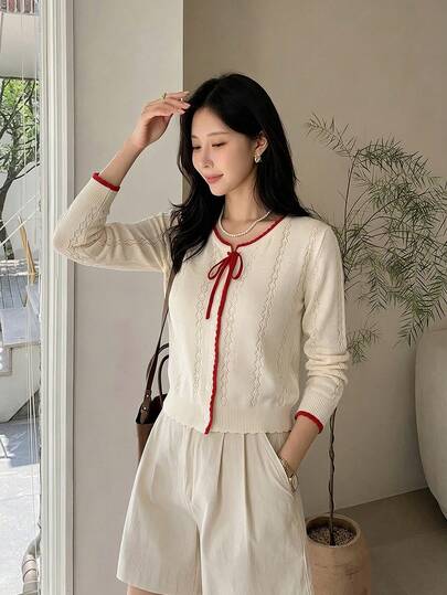 Women's Contrast Red Trim Bow Hollow Out Knit Cardigan, Elegant Long Sleeve Button Down Cropped Going Out Tops, Holiday & Festival Outfits For Women