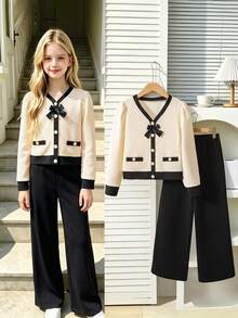 Girls' Casual Fashion Colorblock V-Neck Bow Decor Long Sleeve Cardigan And Straight Leg Pants 2-Piece Set, Spring/Autumn - Apricot - View 1