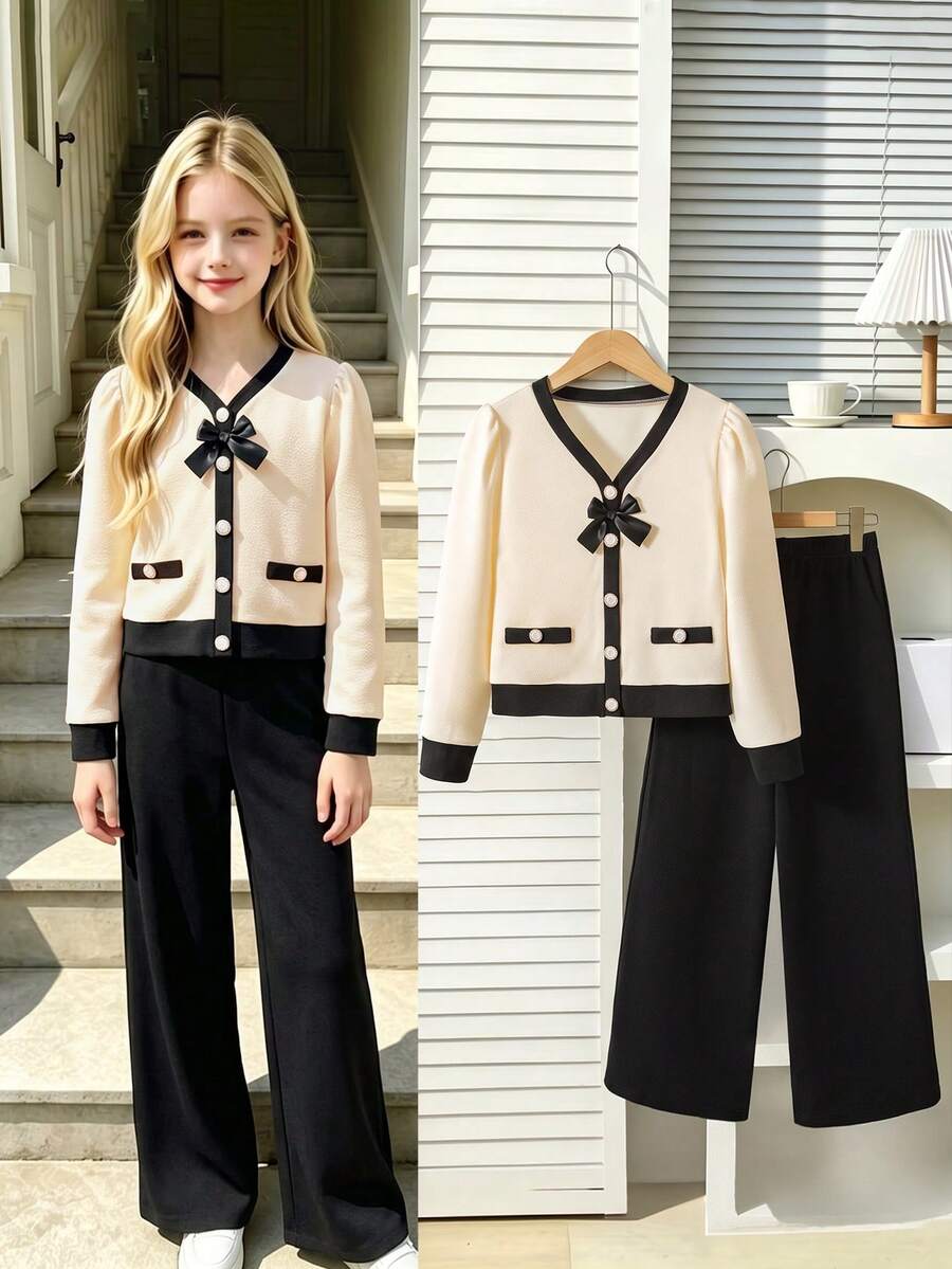 Girls' Casual Fashion Colorblock V-Neck Bow Decor Long Sleeve Cardigan And Straight Leg Pants 2-Piece Set, Spring/Autumn - Apricot - View 1