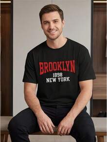 Comfort Casual Crew Neck Tee For Men, 100% Cotton Short Sleeve Top In Brooklyn 1898 New York Style, Fast Local Delivery - 黑色 - 查看 2