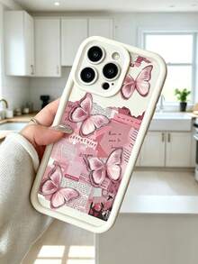 1pc Butterfly Newspaper Fragment Pattern With Perforated Design Camera Protection Anti-Drop Thickened Beige Phone Case Compatible With Apple 17 Pro Max/11 Pro Max/12 Pro Max/13 Pro Max/14 Pro Max/15 Pro Max/16 Plus/16 Pro Max - White - View 4