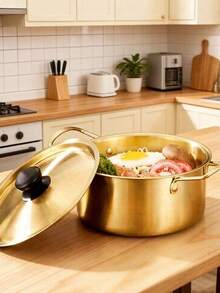 1pc Instant Noodle Pot, Gold Korean Style Ramen Pot, Stainless Steel Soup Pot, Gold Ramen Pot, Seafood Pot, Home Induction Cooker Instant Noodle Pot, Suitable For Soup, Heating Milk, Heat-Resistant Soup Pot, Dual Handle Design For Cooking Instant Noodles, Milk And Soup, Compact And Portable, Suitable For Office And Travel Use. - View 6