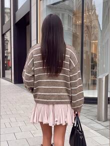 Women's Fall: Fashionable Loose Striped Multicolor Ribbed Knit Long-Sleeve Top, Suitable For Everyday Wear And Back-To-School - Multicolor - View 10