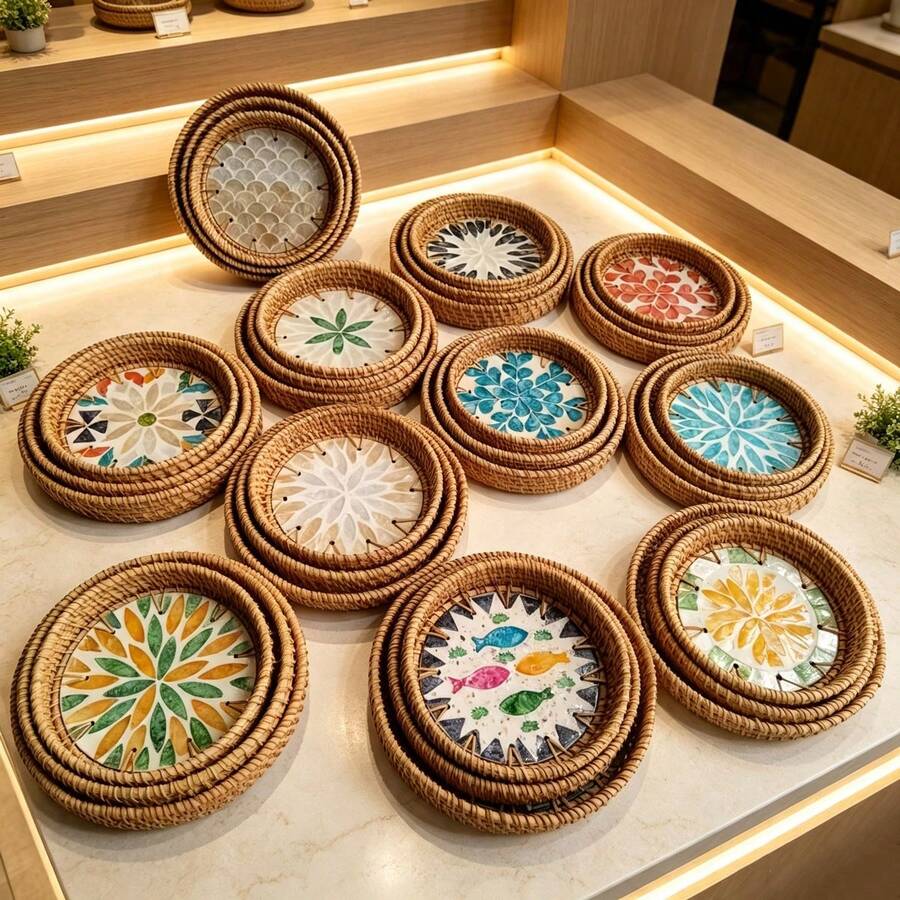 Handmade Woven Rattan Decorative Plate, Diameter 5.51 Inches, Height 0.984 Inches, Colorful Shell Decorative Plate, Home Rattan Decorative Plate