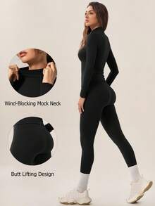 TimeOff Women's One Set Autumn/Winter Solid Color Stand Collar Slim Fit Long Sleeve Leggings Set - Black - View 3