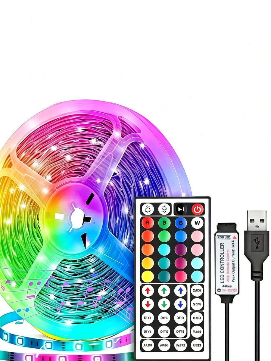 3FT-100FT 智能 RGB LED 燈條，居家裝飾派對裝飾 LED 燈條，DIY 柔性 RGB 燈條，配備 44 鍵遙控器，5V USB 供電 LED 燈條，適用於電視背光照明、女孩房裝飾、節日裝飾和 DIY 佈置（3.28FT/1M 尺寸較短，請根據您的實際需求選擇購買，內置背膠無法貼在粗糙牆面，請小心黏貼！）