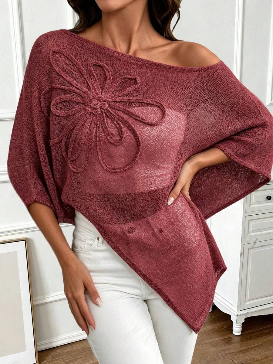 Plus Size Women's Asymmetric Shoulder 3D Floral Pattern Casual Versatile Everyday Knit Top Summer