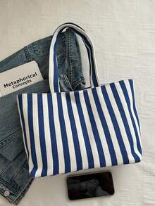 New Striped Tote Bag, Large Capacity Cute Girl Shoulder Canvas Handbag, Portable Mini Style, Canvas Material, Striped, Printed Decoration - Blue - View 6