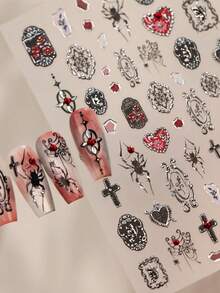 1pc Cross Explosion Dark Gothic Style Nail Stickers, Silver Spider Web Nail Art DIY - Multicolor - View 5