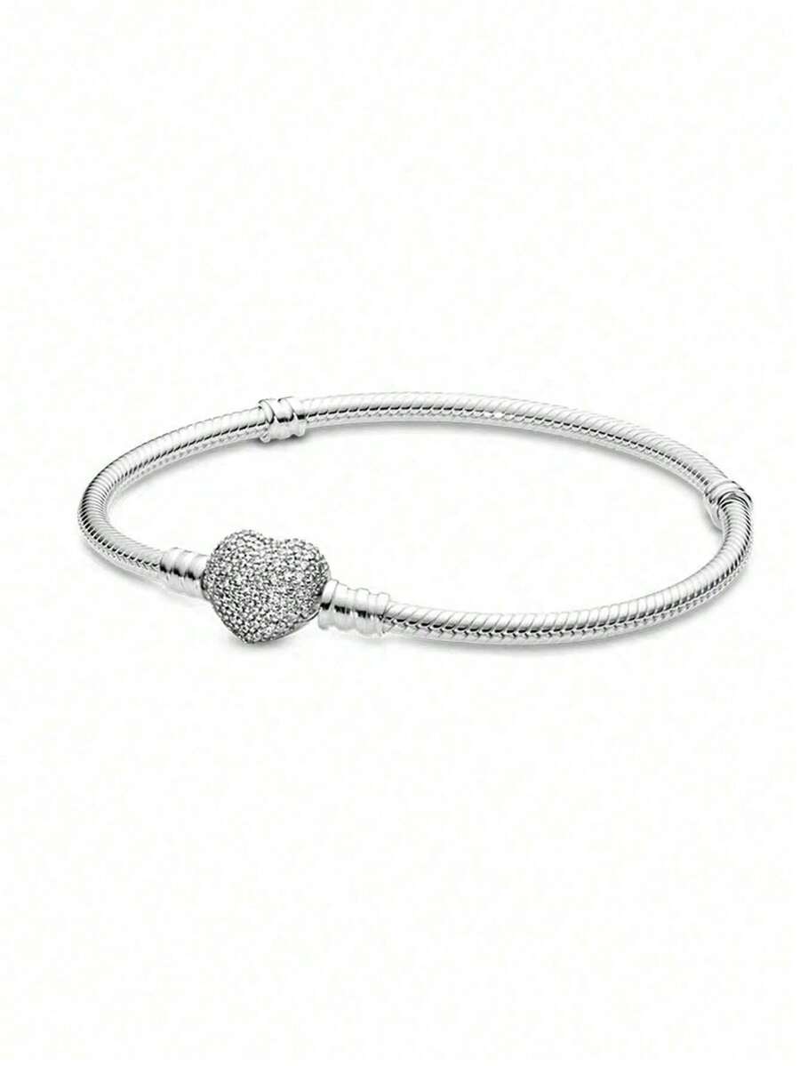 1pc S925 Sterling Silver Micro-Pave Heart Clasp Snake Chain Bracelet DIY, Perfect For Girls' Daily Wear - Silver - View 1