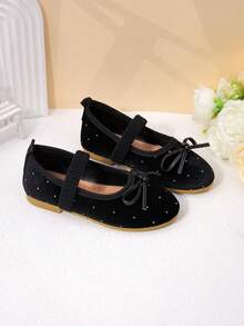 Girls' White Satin Pearl Bow Mary Jane Flats, Princess Style Formal Dress Shoes For Kids - Black - View 5