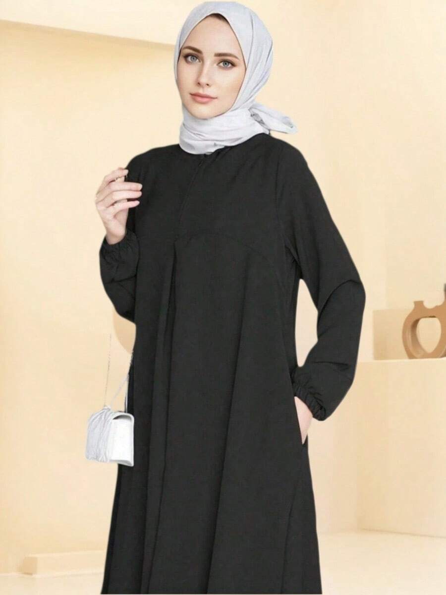 Solid Black Zip Front Long Sleeve Maxi Dress With Elastic Cuffs Side Pockets Loose Casual Long Robe Fall - Black - View 1