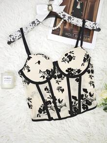 Aesletic Women's Grey & Black Floral Embroidered Mesh Bodycon Corset Top, One-Piece Spaghetti Strap Fitted Sexy Party & Date Night Blouse - Apricot - View 8