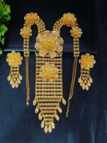1 Necklace 1 Pair Earrings Fashion Women's Flower Gold-Plated Long Necklace Hand Set 2-Piece Set European American African Bride Wedding Banquet Dress Accessories Date Valentine's Day Mother's Day Holiday Gift Daily Wear - Yellow Gold - View 2