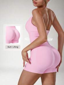 NcmRyu 1pc Women's Solid Color Halter V-Neck Adjustable Strap Pleated Front Backless Sports Romper - Pink - View 3