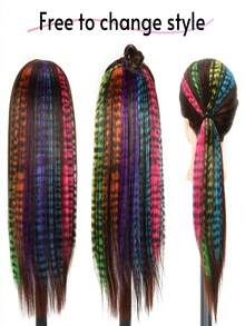 1pc/12pcs Leopard Print Clip-In Hair Extensions 18 Inch Synthetic Fiber Long Straight Hair Colorful Striped Hair Pieces Halloween Party Cosplay Y2K Style For Women - Multicolor - View 5