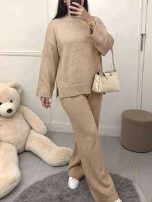 Women's Plus Size Solid Color Knit Set, Long Sleeve Knit Top + Loose Pants 2-Piece Set, Soft Comfortable Casual Loungewear, Suitable For Daily Wear, Autumn/Winter - Khaki - View 8