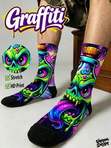 Cool 360° Printed Men's Socks - Street Style Socks, Graffiti Spray Can Monsters, Neon Bottles, Colorful And Fun, Suitable For Daily, Holiday And Party Occasions - Green - View 9
