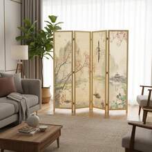4 Panel Cherry Blossom Folding Room Divider 6 FT Freestanding Floral Privacy Screen Wood Frame Partition Wall Separator Bedroom Studio Beige - Beige (Floral) - View 6