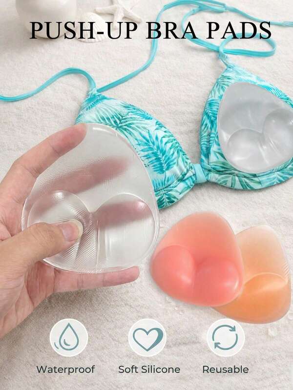 2 Sets Women's Essential Invisible Padded Bra Inserts, Bikini Shape Bust Lift Pads, Thick Breast Enhancers, Silicone Swimsuit Bra Cups, For Daily Wear