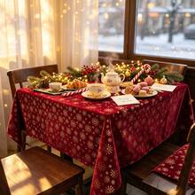 1pc Christmas Tablecloth, Gold Foil Snowflake Pattern Rectangular Table Cover, Winter Holiday Decor Tablecloth, Suitable For Christmas Dinner Party, Kitchen Dining Table, All Season Use - Red - View 1