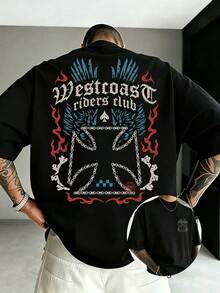 Schwarzes Kurzarm-T-Shirt aus 100 % Baumwolle mit Flammen- und Ketten-Motiv, geeignet für die Freizeit im amerikanischen Fitness-Stil - Schwarz - Übersicht 1