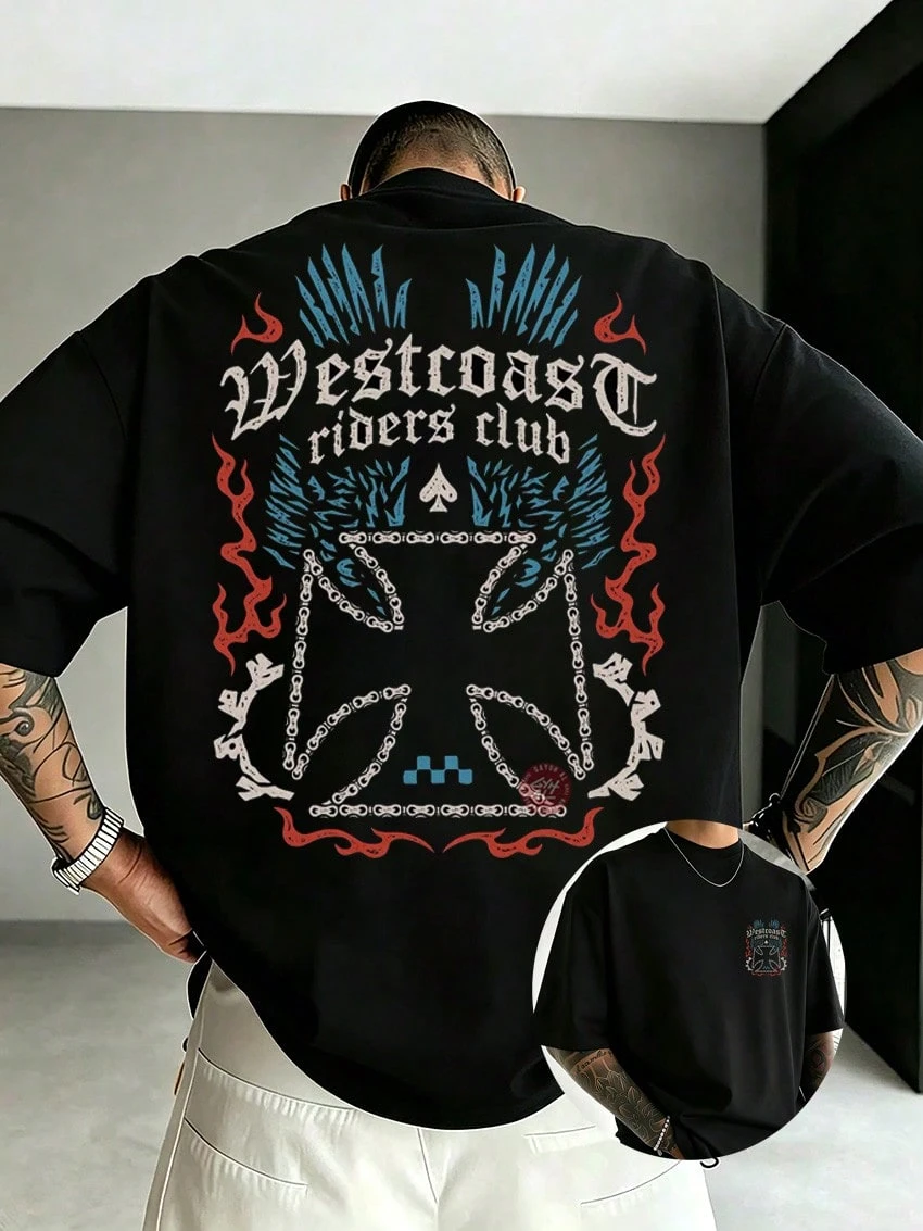 Schwarzes Kurzarm-T-Shirt aus 100 % Baumwolle mit Flammen- und Ketten-Motiv, geeignet für die Freizeit im amerikanischen Fitness-Stil - Schwarz - Übersicht 1