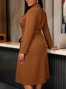 AOMEI Elegant Fashion Women Fall/Winter Brown Long Sleeve Slim-Fit Lapel Double-Breasted Suit Midi Dress For Formal Business Occasions, Office Commute - Brown - View 5